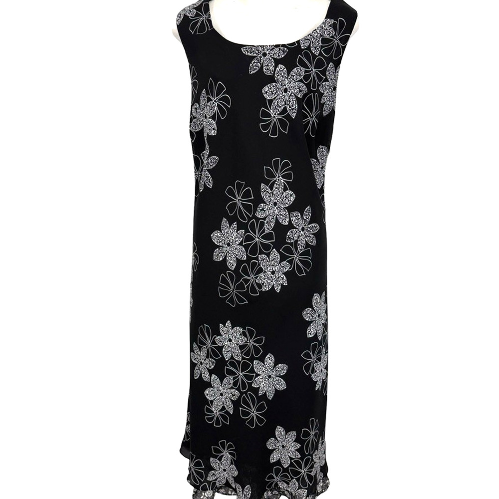 Studio I Womens Black White Floral Sleeveless Midi Lined Bias Cut Dress sz 16 W